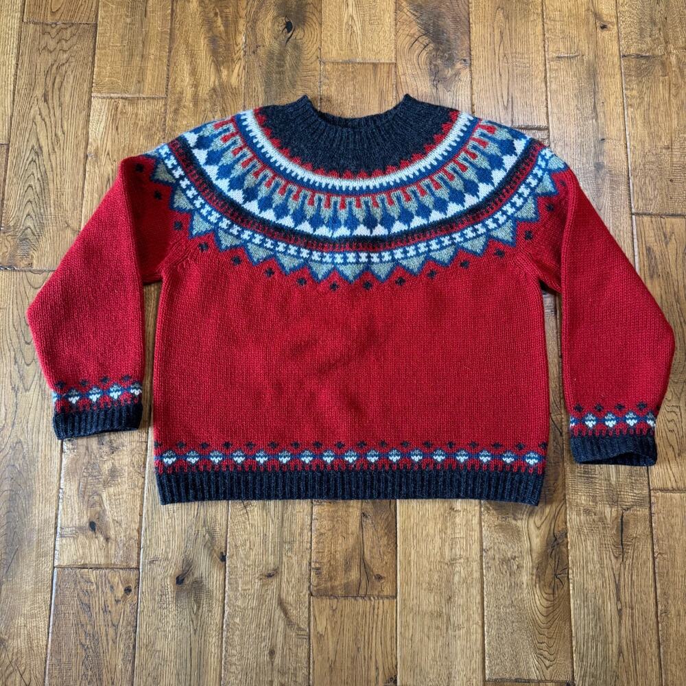 Vintage Eddie Bauer Fair Isle Crew Neck Sweater Red Womens Sz Large 100% Wool